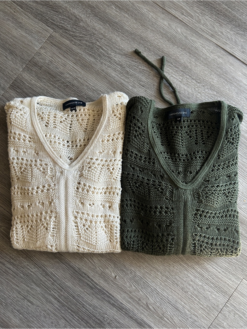 Crochet V-Neck Sweater Duo - Cream & Olive Green XS